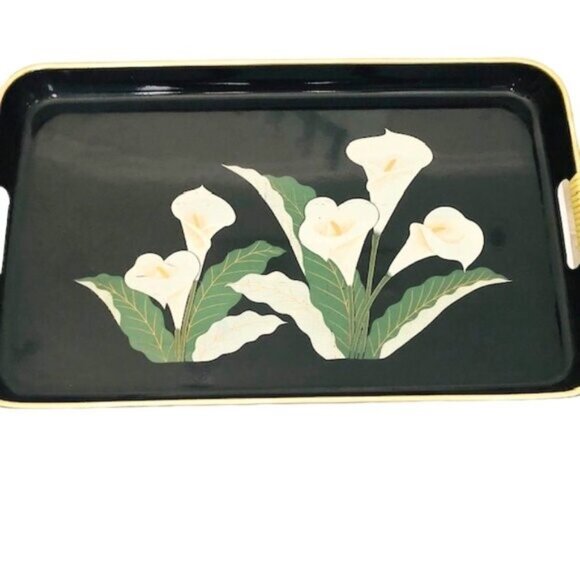 3 Vintage Japanese Black Lacquer Nesting Trays with Lily Detail & Gold Trim - - Picture 3 of 12